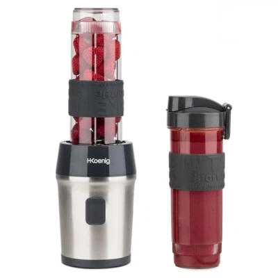 Image de H.Koenig SMOO9, Blender portable en verre, pour jus, shakes, smoothies, 570 ml, 300 W, comprend 2 bouteilles de sport portables, acier inoxydable