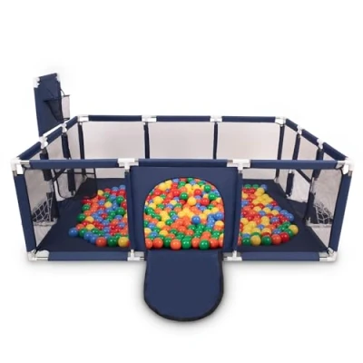 Image de Selonis Parc Bébé Avec 100 Balles Plastiques Aire De Jeu Pliable Basket Football, Bleu Foncé:Jaune/Vert/Bleu/Rouge/Orange