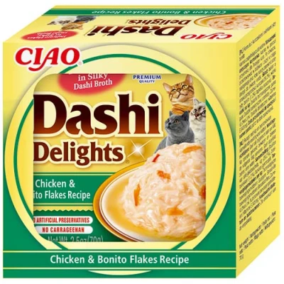 Image de INABA Dashi Delights Morceaux dans Un Bouillon au Poulet &amp; Flocons de bonite 1 x 70 g Topping Riche en protéines Ingrédients naturels Délicieux et sain Pâtée pour Chat