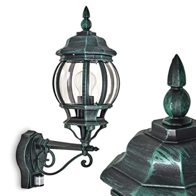 Image de applique murale extérieure Lentua avec détecteur de mouvements, vintage en aluminium moulé vert/noir pour une ampoule E27, ampoule(s) non incluse(s), IP44