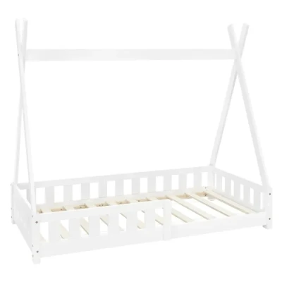 Image de ML Design Lit d&#039;enfants Tipi Blanc avec Protection Contre Les Chutes en Bois de Pin Massif 80x160 cm Sommier á Lattes et Grille Sécurité Style Maison Indien Tente Jeu pour Enfants