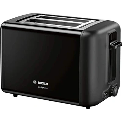 Image de Bosch DesignLine TAT3P423DE Grille pain compact en acier inoxydable avec arrêt automatique et fonction décongélation, parfait pour 2 tranches de toast, lifting, large, 970 W, noir