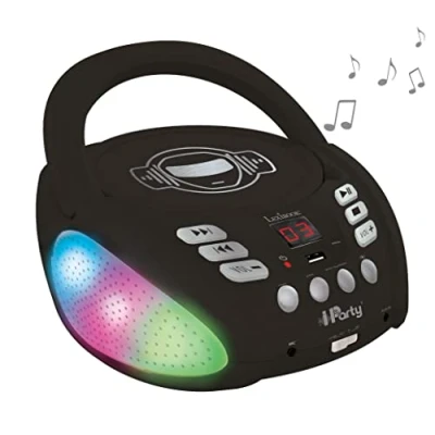 Image de Lexibook iParty Lecteur CD Bluetooth pour Enfants Portable, Effets Lumineux, Prise Micro, Entrée aux in, Pile ou Secteur, Filles, Garçons, Noir, RCD109BK