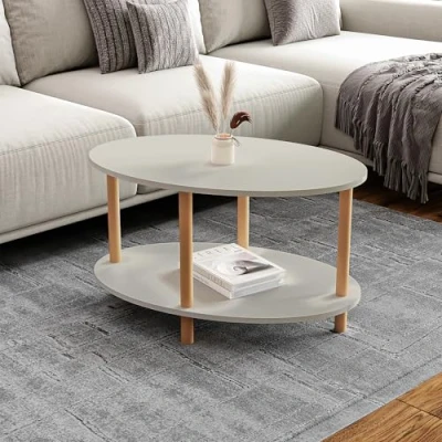 Image de [en.casa] Table Basse Ovale avec Surface de Rangement Meuble Salon Design Panneau Particules Bois Hêtre 43 x 70 44 cm Grège Naturel