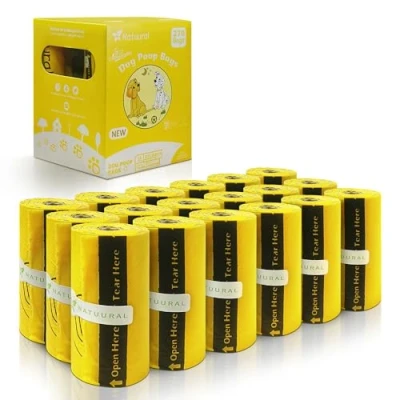 Image de sacs à crottes de chien 100% compostables, 270 sacs, 18 rouleaux, biodégradables fabriqués partir d&#039;amidon maïs, certifiés ASTM D6400 et EN13432, sans odeur (jaune)