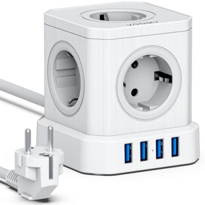 Image de VOOMY Multiprise Cube 9 en 1 avec USB, 5 Prises 4 Ports Prise Interrupteur, Multiprises Parasurtenseur Interrupteur et Cable 2M, Rallonge 2500W, Blanc