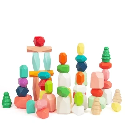 Image de 48 PCS en Bois tri Pile de Pierres, Sensuel Tout Petit Jouet Apprendre Montessori Stem Jouet, Jeu Blocs pour Les Cadeaux d&#039;anniversaire garçons et Filles 3 6 Ans