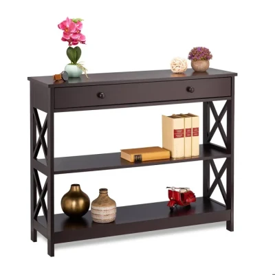 Image de Relaxdays Table Console avec Un tiroir, 3 Niveaux, étroite, H x L P : 80 100 30 cm, pour Salon et entrée, Marron