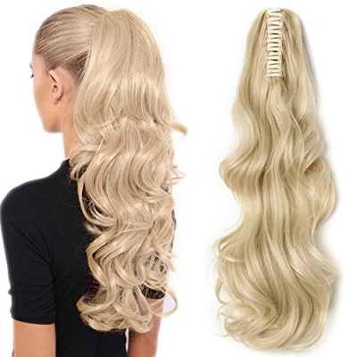 Image de SEGO Queue de Cheval Extension Synthetique Postiche Ponytail Fausse Faut Cheveux Fibre Meche [Pince A Griffes] 45 CM Blond Blanchi 18 pouce Longue Boucle Ondule