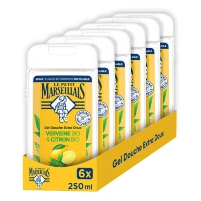 Image de Le Petit Marseillais Gel Douche Extra Doux Verveine Bio &amp; Citron (lot de 6 flacons 250 ml) 92 % d&#039;ingrédients d&#039;origine naturelle Flacon entièrement recyclable