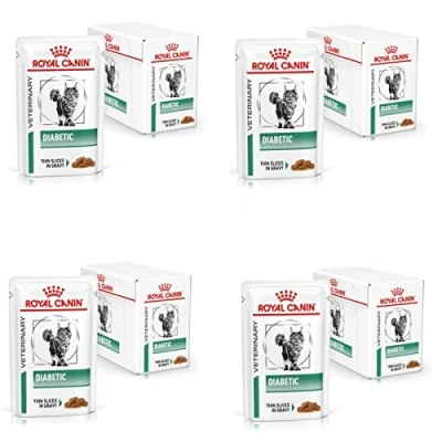Image de Royal Canin Veterinary Diabetic Pack de 4 x 12 85 g Aliment Complet diététique pour Chats réguler l&#039;apport en Glucose avec Fins Morceaux Sauce
