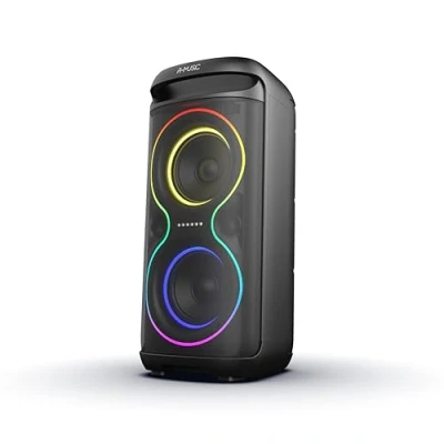 Image de R MUSIC Blaster M Enceinte High Power Bluetooth, Lumières RGB, Mode karaoké, Poignée intégrée, Microphone Inclus, Support téléphone et Tablette intégré Autonomie 7h