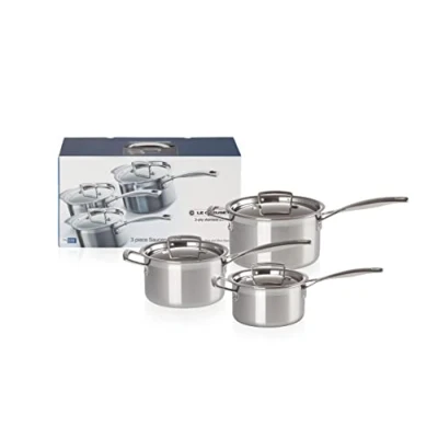 Image de Le Creuset Set de 6 Pièces, 3 Casseroles avec Couvercles, 16/18/20 cm, Inox ply Intégral, Capacité 1,9/2,8/3,8L, Argenté,96209000001000