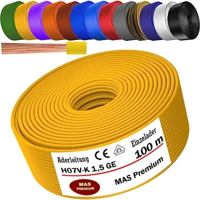 Image de Câble conducteur H07 V K de 5 à 100 m 1 x 1,5 mm² Noir bleu clair vert/jaune vert rouge foncé marron orange gris blanc violet outremer ou jaune Fil simple flexible (jaune, m)