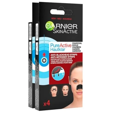 Image de Garnier SkinActive Pure Active Strip Zone T Pansements anti points noirs au charbon pour nez avant et menton purifiant avec acide salicylique 2 boîtes de 4 patchs