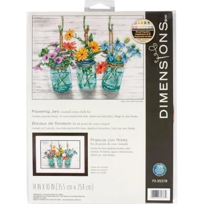 Image de Dimensions Kit de broderie au point croix Fleurs dans des bocaux Mason Toile Aida 14 fils 35,6 x 25,4 cm compté, Taille Unique