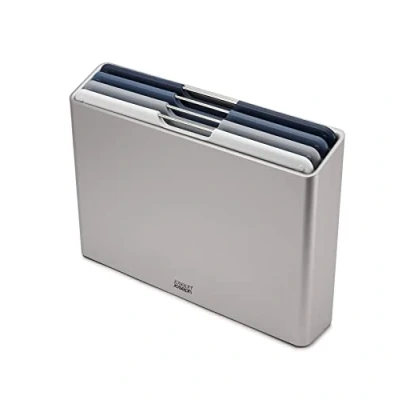 Image de Joseph Folio Ensemble de 4 Planches à découper cuisine en plastique ,avec support rangement organisé Grand, Argent/Bleu