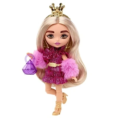 Image de Barbie Poupée Extra Mini n 8 (14 cm) avec Robe à Paillettes et Mitaines en Fourrure, Socle Accessoires, Jouet Enfant, Dès 3 Ans, HJK67