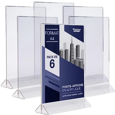 Image de Lot de 6 supports panneau En acrylique A4 forme T Double face Chargement facile par le bas Style portrait Pour menu publicitaire, menu, affiche, photos, etc