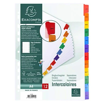 Image de EXACOMPTA Jeu d&#039;intercalaires numérique 12 positions en carte blanche 160g, onglets Mylar®. Format A4