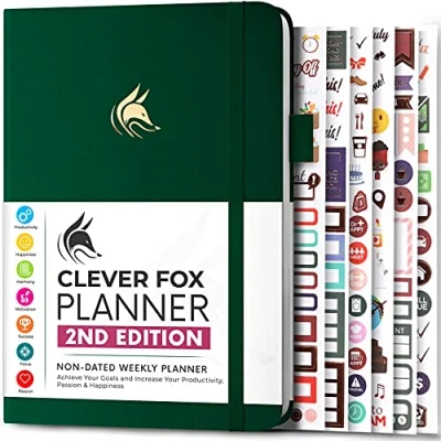 Image de Clever Fox Planificateur 2e édition d&#039;objectifs hebdomadaires et mensuels colorés, organiseur de gestion du temps productivité, non daté, A5 (vert forêt)
