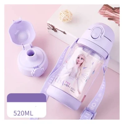Image de FASHION YO La Reine des Neiges Spiderman Bouteille d&#039;eau réutilisable pour enfants en polypropylène avec deux couvercles, anti fuite, couvercle à paille, sans BPA (Elsa) 520 ml