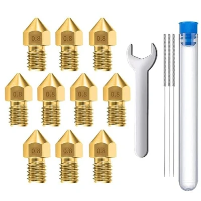 Image de MMOBIEL 10 pièces MK8 en laiton de 0,8 mm pour imprimante 3D, extrudeuse compatible avec les séries Creality Ender 3, 5, CR 10/10S, Makerbot, Anet A8, incluant 3 aiguilles nettoyage et Clé