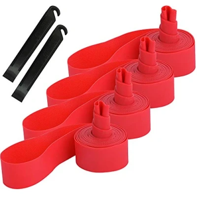 Image de QitinDasen 4Pcs Premium PVC Bande de Jante Pneu Vélo, 26&quot; Tapis Protection Tube Intérieur Vélo Anti Crevaison, Doublure avec 2Pcs Levier à (Rouge)