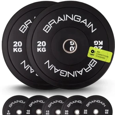 Image de BRAINGAIN Paire de disques pare chocs olympiques noirs 20 kg (2 x kg), poids en caoutchouc solide 5,1 cm pour entraînement force et haltérophilie
