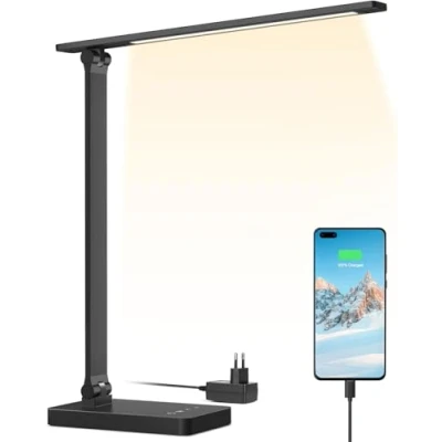 Image de Lepro Lampe de Bureau LED 15W avec Port USB Séparé Lampes Dimmable 96LEDs 655LM, Pied Réglable, Moderne, Contrôle Tactile, Anti Éblouissement Pour Lecture Travail Manucure Couture Noir