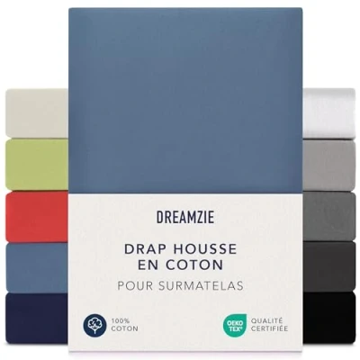 Image de Dreamzie Drap Housse Surmatelas 90x200 cm 100x200 cm, Jersey 100% Coton, Hauteur De Jusqu&#039;à 15 Hypoallergénique, Oeko Tex, Bleu