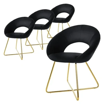 Image de ML Design Set de 4 Chaises Salle à Manger, en Velours, Noir, avec Dossier Demi Coque Rond, Pieds Forme X Métalliques Dorés, Fauteuil Ergonomique Table Chaise Rembourrée