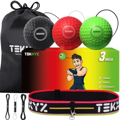 Image de TEKXYZ Balle réflexe de Boxe, 3 Niveaux difficulté Boxe avec Bandeau, Parfaite pour la réaction, l&#039;agilité, Vitesse Frappe, Les compétences Combat et Coordination œil Main