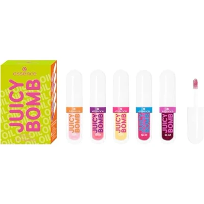 Image de essence JUICY BOMB lip oil set 02 POUT OF PARADISE, coffret de 5 huiles à lèvres, parfum tropical, cadeau pour des lèvres éclatantes, 5x2,4ml