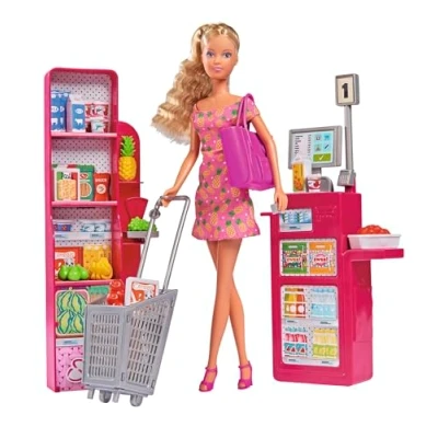 Image de Simba 105733613 poupée Steffi Love Supermarket, au supermarché, avec Caisse, Sac de Courses et Nombreux Aliments, 29 cm, à partir 3 Ans