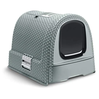 Image de CURVER Maison de Toilette pour Chat Bac à Litière Fermé Compartiment Inférieur Amovible un Nettoyage Facile Pelle et Tapis Sol Inclus 51 x 39 cm Bleu Gris Recyclé