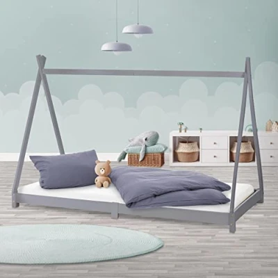 Image de ML Design Lit d&#039;Enfants Tipi 90x200 cm avec Sommier à Lattes, Bois Massif, Gris Clair, Tente Indien, Cadre pour Fille et Garçon, Stable, Robuste, de Jeu Intérieur, Simple d`Adolescents