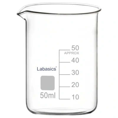 Image de Labasics Bécher en Verre, 1 Pack, de Forme Basse Gradué Verre Borosilicaté avec Bec Verseur, 50 ml, Résistance aux Hautes Températures, Utilisation Laboratoire
