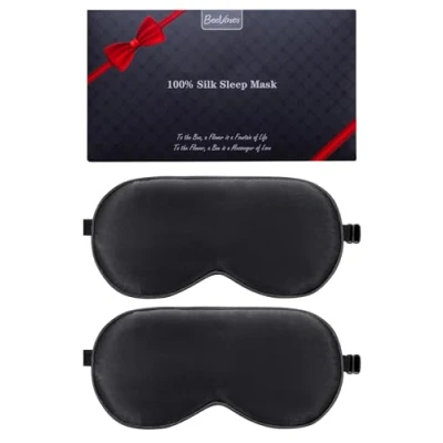 Image de Lot de 2 masques sommeil, pour les yeux, en soie pure 100% naturelle avec sangle réglable, bloque la lumière, réduit yeux gonflés