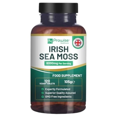 Image de comprimés de mousse mer d&#039;Irlande haute concentration 6000 mg Complément alimentaire à base 120 végétaliens puissance Fabriqué au Royaume Uni
