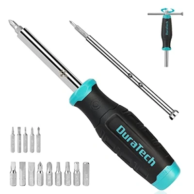 Image de DURATECH Jeu de Tournevis Magnétique 3 en 1 avec 16 Multi Embouts S2, Multifonctionnel Poignée Forme T (Fonction Force/Rotation), Plat, Cruciforme, Torx, Hex
