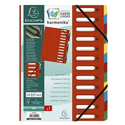 Image de Exacompta Réf. 55125E 1 trieur HARMONIKA avec élastiques et fenêtres découpées couverture en carte lustrée dos extensible 12 compartiments pour A4 dim 24,5 x 32 cm couleur rouge