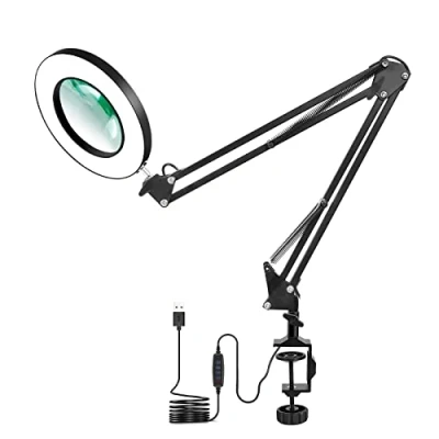 Image de Lampe Loupe de Bureau, à Éclairée avec 5 Couleurs， NEWACALOX Dioptries Intensité Variable, Bras Pivotant Réglable pour Table ou Atelier