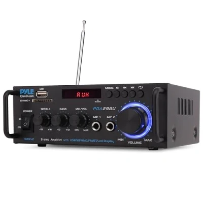 Image de Pyle Amplificateur Audio Stéréo sans Fil Bluetooth Système Récepteur à Deux Canaux de 200W avec RCA, USB, SD, Entrée Micro, Radio FM, pour Home Cinema Via Utilisation en Studio