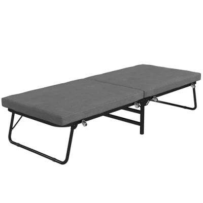 Image de HOMCOM lit pliant 70 x 190 cm d&#039;appoint pliable avec matelas en mousse de 7 cm, tête réglable, voyage roulettes, aspect lin, cadre métallique pour bureau, chambre d&#039;amis, gris