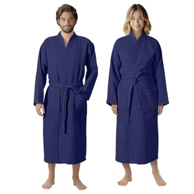 Image de HOMELEVEL Pique Bademantel Reisebademantel 100% Baumwolle S 6 XL Damen und Herren Übergrößen Morgenmantel Kimono Saunamantel Reise Morgenrock Piquee Waffelpique Frauen Männer (4XL, Navyblau)