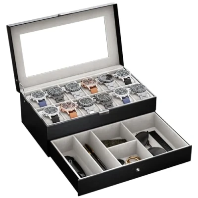 Image de Procase Boite a Montre à 2 Niveaux, 12 Emplacements avec Coussins pour Montres, 2ème Compartiment des Petits Bijoux Accessoire, Couvercle en Verre Noir