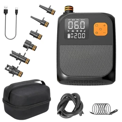Image de Pompe Paddle Electrique,Pompe à air électrique Rechargeable 20PSI Gonfleur Sup, avec 1 Ports USB lumières LED et 6 Buses Gonflage en Deux étapes sans Fil pour Kitesurf, Tente, Matelas