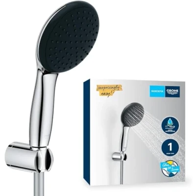 Image de GROHE Vitalio Start 110 Ensemble de Douche (Pommeau Rond 11cm 1 jet (Pluie), Support Mural Universel, Flexible 1.75m), Economie d&#039;Eau, A coller avec QuickGlue ou à visser, Chromé, 27944001