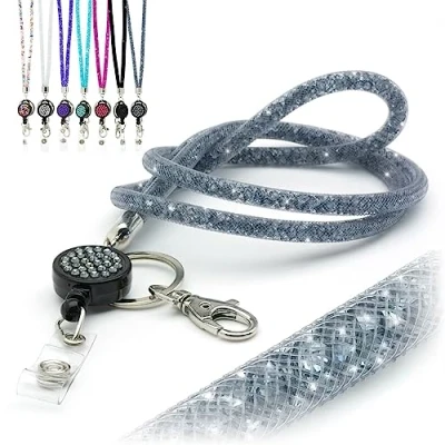 Image de CKB LTD Cordon gris scintillant avec strass argentés et paillettes en cristal clip pivotant métal bobine rétractable scintillante pour badge d&#039;identification 1 pièce